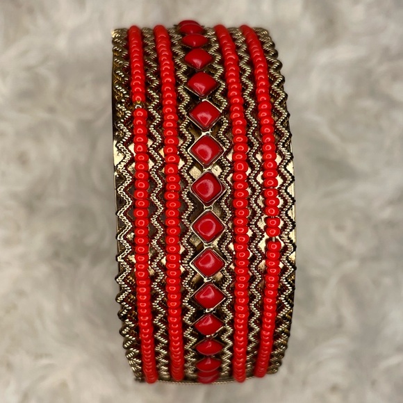 Vintage 1980’s Red Seed Bead, Metal, & Enamel Hinged Back Bangle/Bracelet - Picture 9 of 9